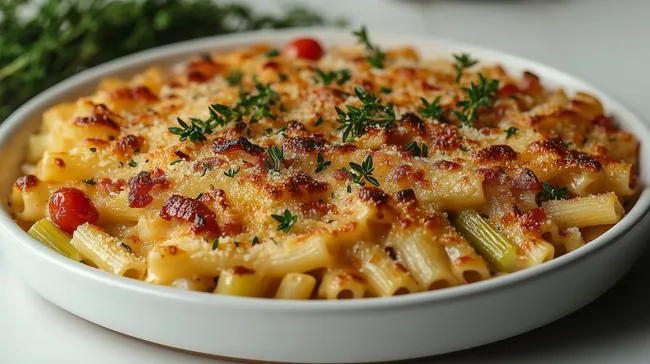Leckerer Nudelauflauf mit knusprigem Speck und Käse