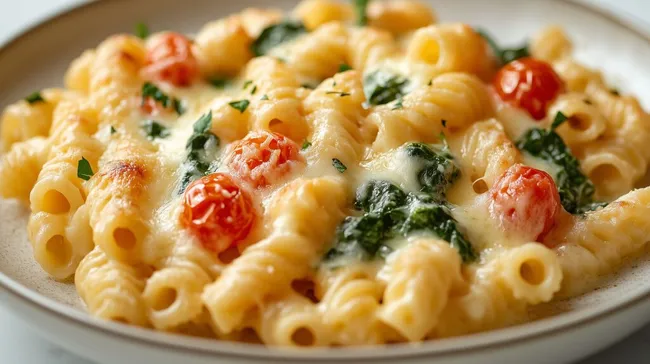 Leckerer Nudelauflauf mit Spinat und Tomaten