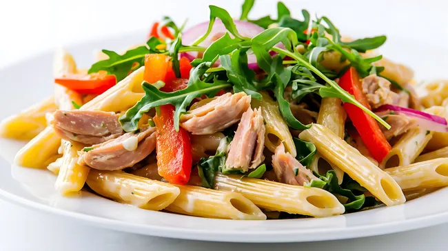 Leckerer Nudelsalat mit frischem Thunfisch und Gemüse