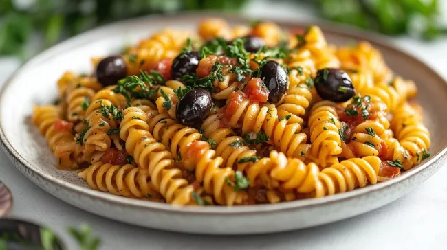 Leckerer Nudelsalat mit Oliven und frischer Petersilie