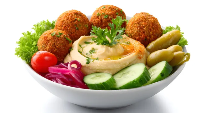 Leckerer orientalischer Falafel-Hummus-Salatteller