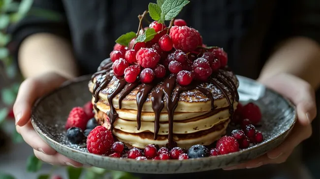 Leckerer Pancake-Turm mit Beeren und Schokolade
