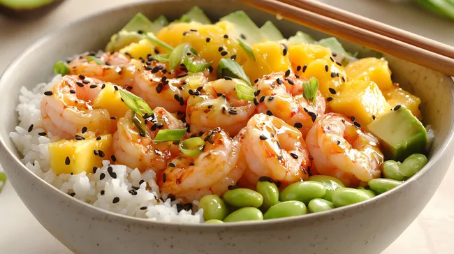 Leckerer Poke-Bowl mit Garnelen, Mango und Avocado