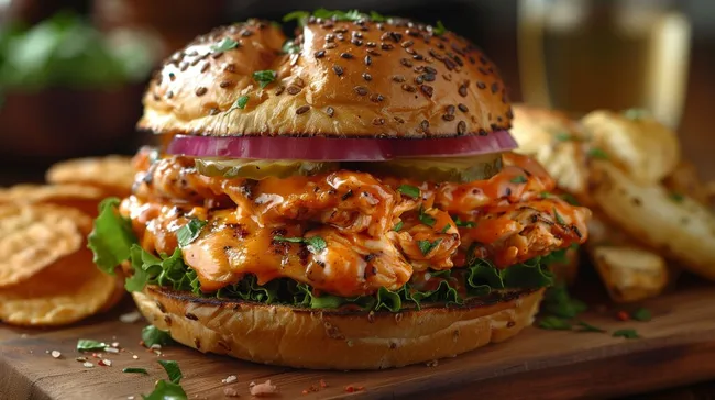Leckerer Pulled Chicken Burger mit Sesam-Brioche