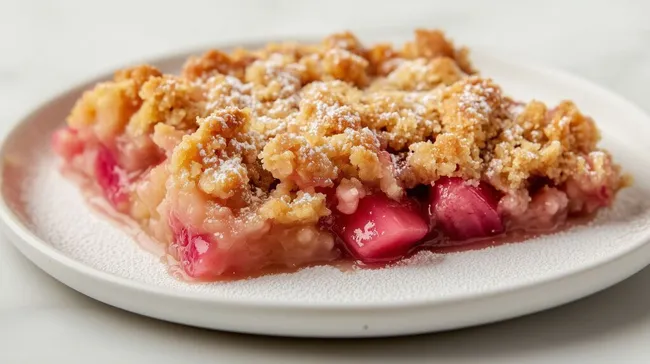 Leckerer Rhababer-Crumble auf weißem Teller
