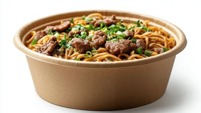 Leckerer Rinderhackfleisch-Chow-Mein in umweltfreundlicher Schale