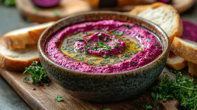 Leckerer Roter-Bete-Hummus mit frischem Brot