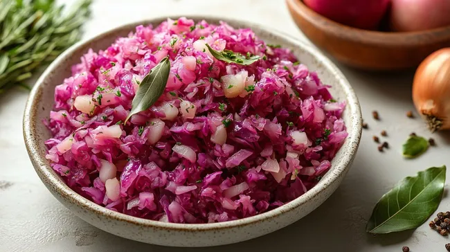 Leckerer Rotkohl-Salat in rustikaler Schüssel