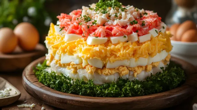 Leckerer Schichtsalat mit Gemüse und Ei