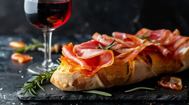 Leckerer Schinken-Baguette-Snack mit Rotwein