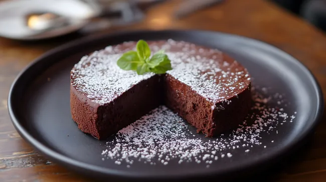 Leckerer Schokoladenkuchen mit Puderzucker garniert