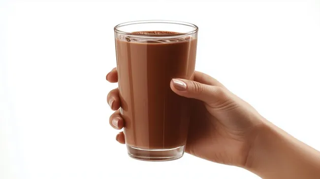 Leckerer Schokoladenmilchshake in Glasbecher in Frauenhand