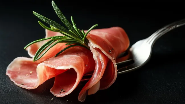 Leckerer Serrano-Schinken mit Rosmarin auf Gabel
