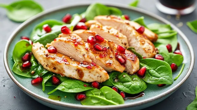 Leckerer Spinatsalat mit Hähnchen und Granatapfel