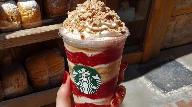 Leckerer Starbucks Raspberry Cheesecake Frappuccino mit Streusel