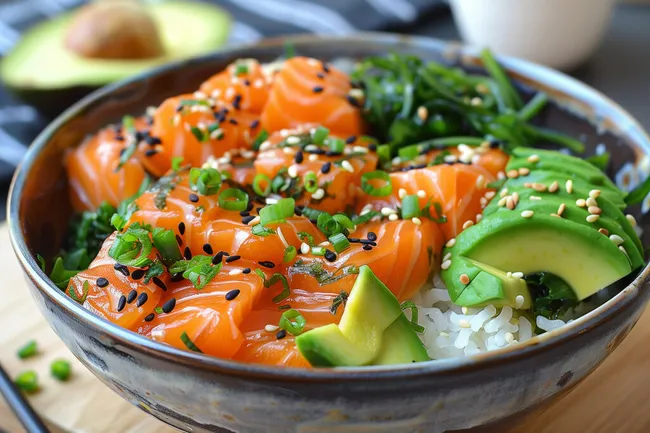 Leckerer Sushi-Reis-Bowl mit Lachs und Avocado