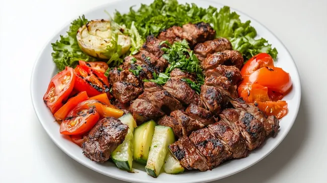 Leckerer Teller mit gegrilltem Fleisch und frischem Gemüse