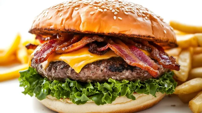 Leckerer, üppiger Burger mit knusprigem Speck und geschmolzenem Käse