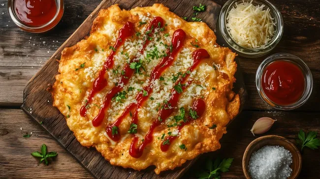 Leckerer Ungarischer Langos mit Käse und Ketchup