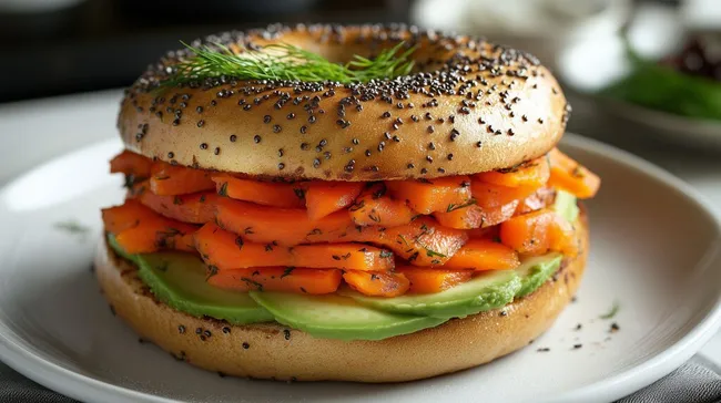 Leckerer veganer Bagel mit Avocado und Karottenlachs