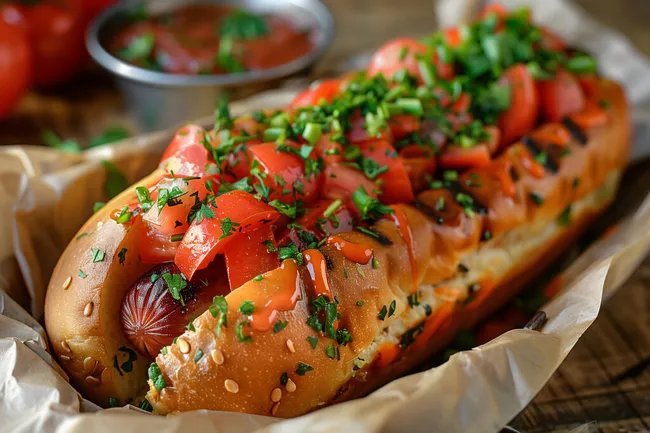 Leckerer veganer Hotdog mit frischen Tomaten
