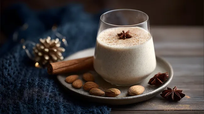 Leckerer veganer Mandellikör im Glas mit Zimt