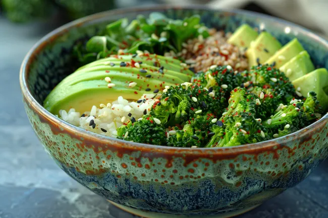 Leckerer veganer Salat mit Brokkoli und Avocado