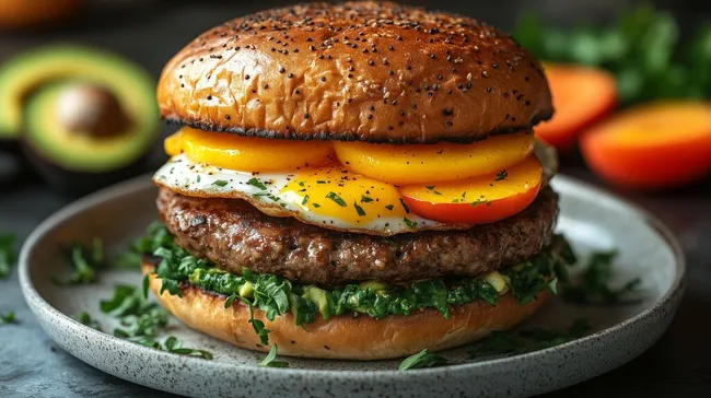 Leckerer, vegetarischer Burger mit Avocado und gegrilltem Pfirsich