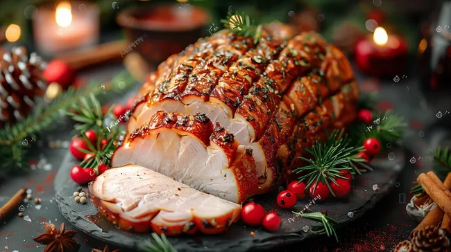 Leckerer Weihnachtsbraten mit Gewürzen und Dekor