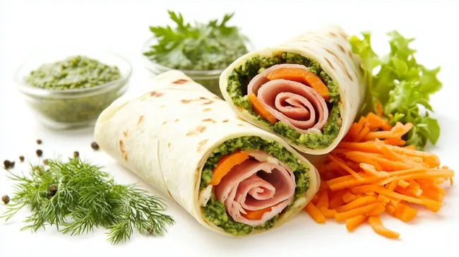 Leckerer Wrap mit Schinken, Möhren und Pesto