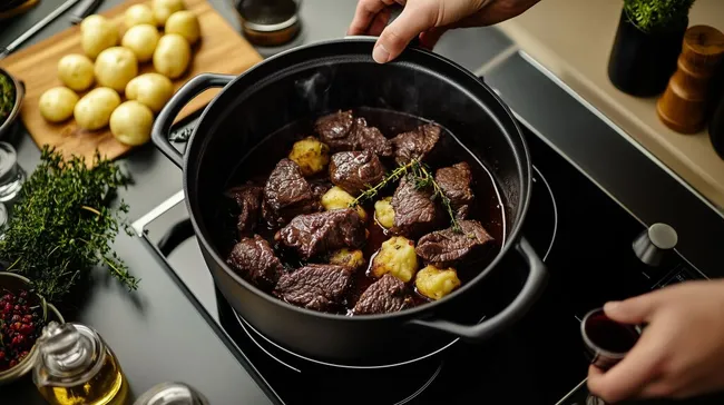 Leckereres Rindfleischgericht in Rotwein-Sauce