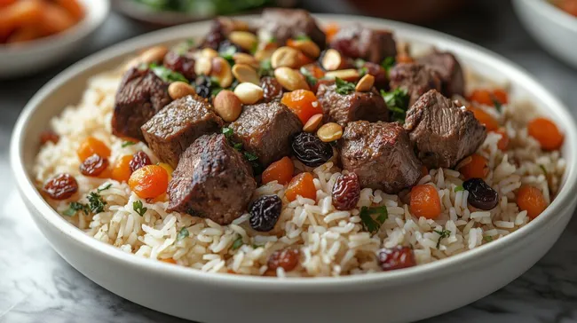 Leckeres afghanisches Kabuli-Pilaf mit Lamm und Nüssen
