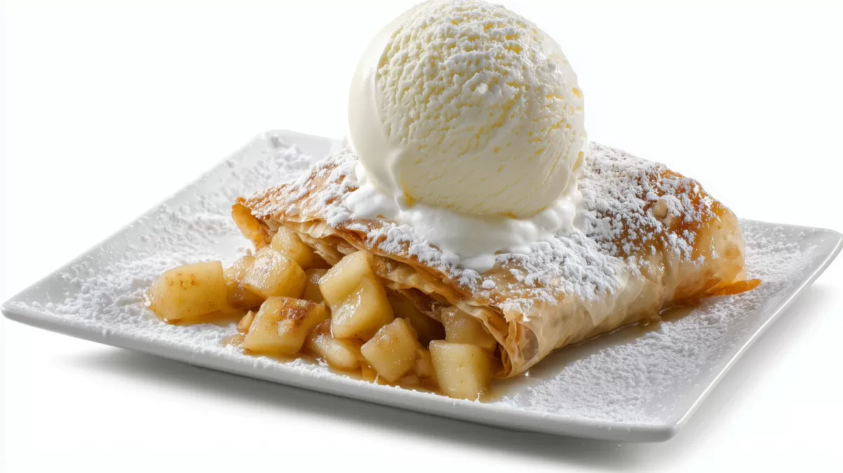 Leckeres Apfelstrudel-Dessert mit Vanilleeis