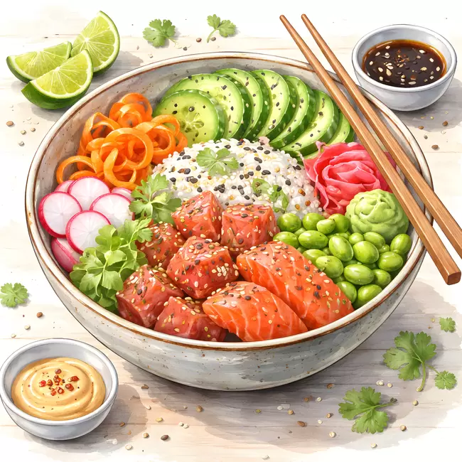 Leckeres asiatisches Gericht: Poke-Schüssel mit Lachs, Avocado und Gemüse
