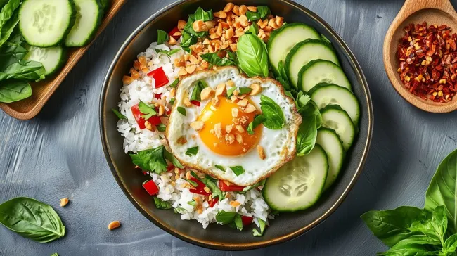 Leckeres asiatisches Reisrezept mit Spiegelei und Gemüse