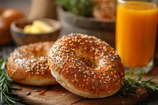 Leckeres Bagel mit Sesam und Orangensaft