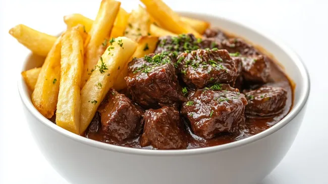 Leckeres belgisches Rindfleisch-Eintopf mit knusprigen Pommes