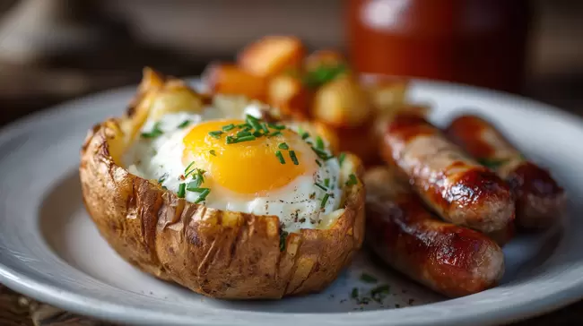 Leckeres Brunch-Gericht mit Spiegeleisschale und Würstchen