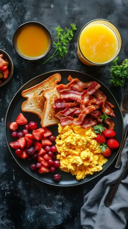 Leckeres Brunch-Teller mit Rührei, Speck und Früchten