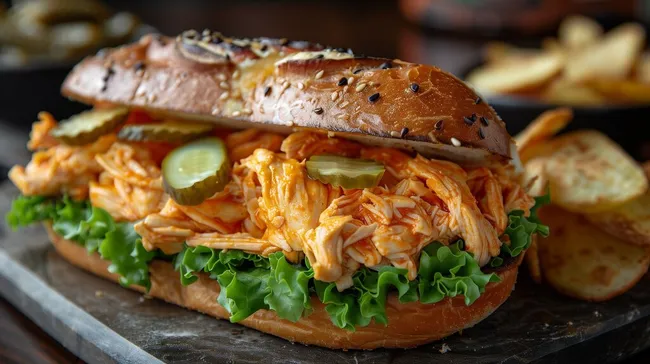 Leckeres Buffalo-Hähnchen-Sandwich mit Krautsalat