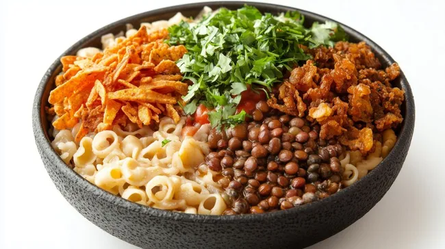 Leckeres, buntes Koshari-Gericht in rustikaler Schüssel