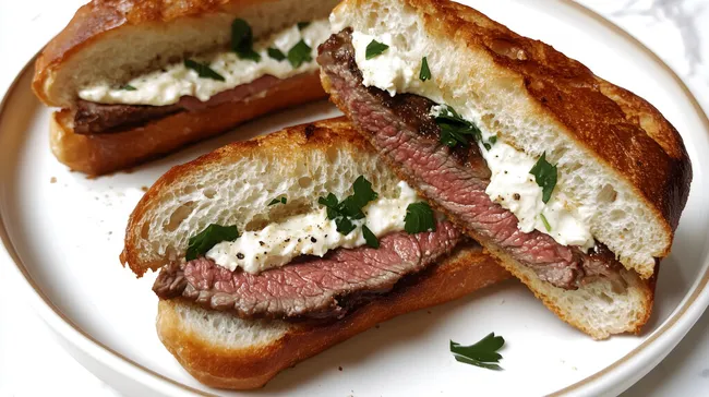 Leckeres Cheesesteak-Sandwich mit Frischkäse auf Baguettebrot