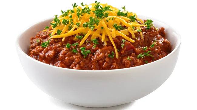 Leckeres Chili con Carne in weißer Schüssel