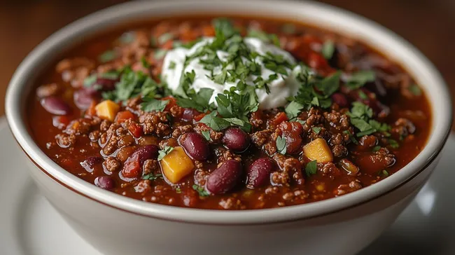 Leckeres Chili con Carne mit Bohnen und frischen Kräutern