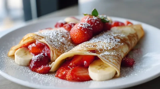 Leckeres Crêpes-Gericht mit Erdbeeren und Bananen