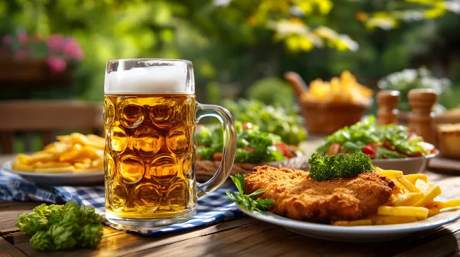 Leckeres deutsches Biergarten-Menü mit Bier und Schnitzel