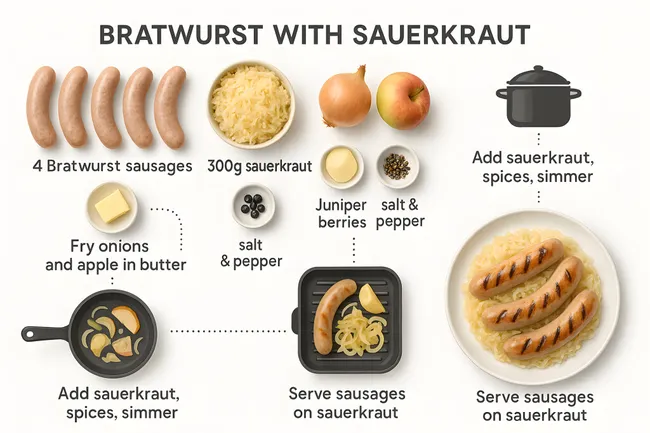 Leckeres deutsches Gericht mit Bratwurst und Sauerkraut