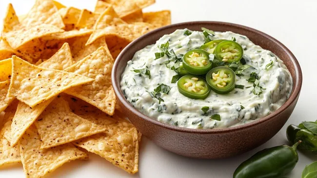 Leckeres Dip-Gericht mit Nachos und Jalapeños