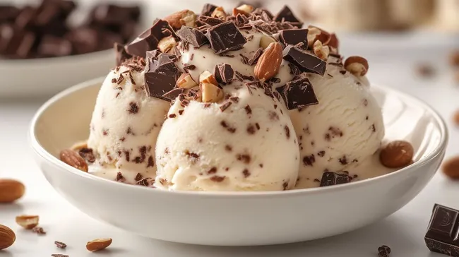 Leckeres Eis mit dunkler Schokolade und Nüssen
