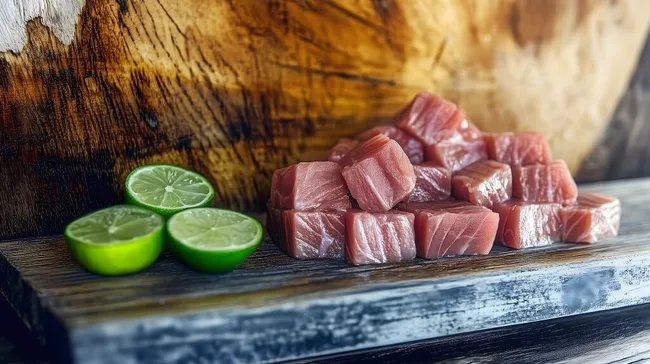 Leckeres Fisch-Limetten-Gericht auf rustikalem Holzbrett